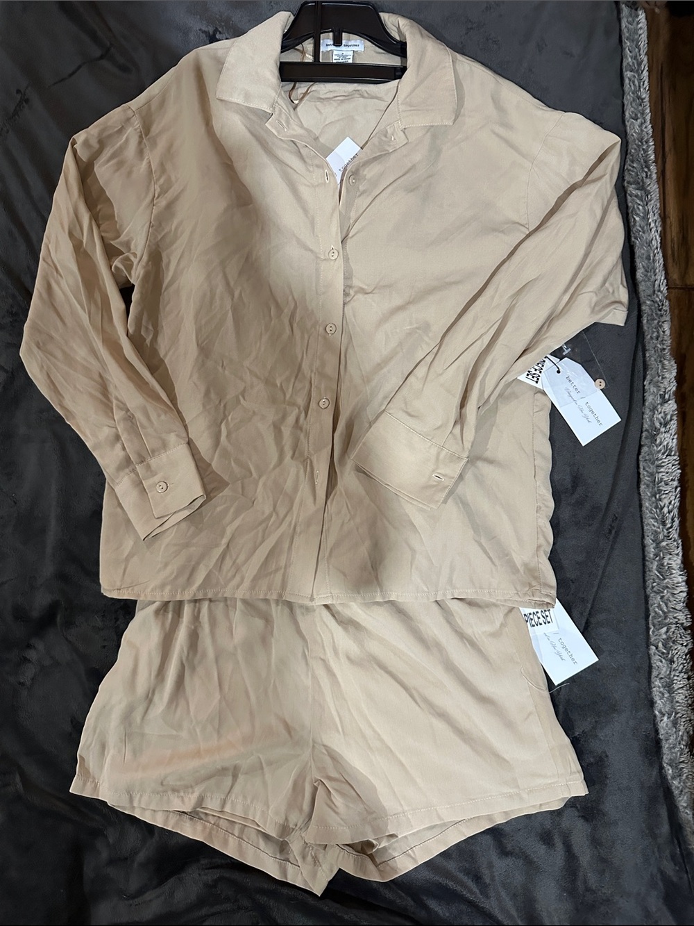 Beige Two-Piece Button Front Top & Shorts Set